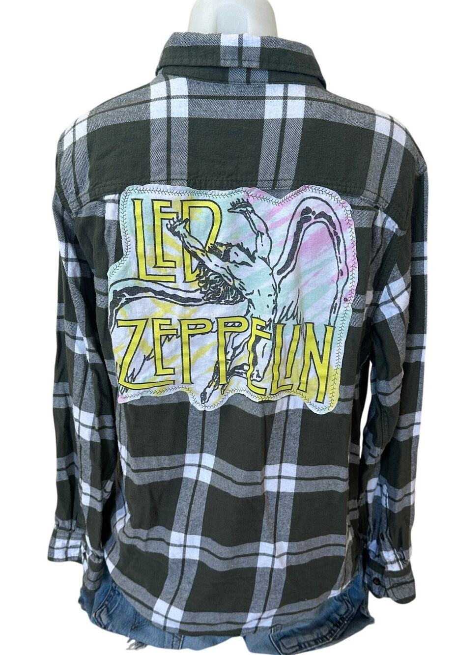 Led Zeppelin Plaid Flannel Shirt LARGE Oversize Unique Retro 60s Rock Grunge